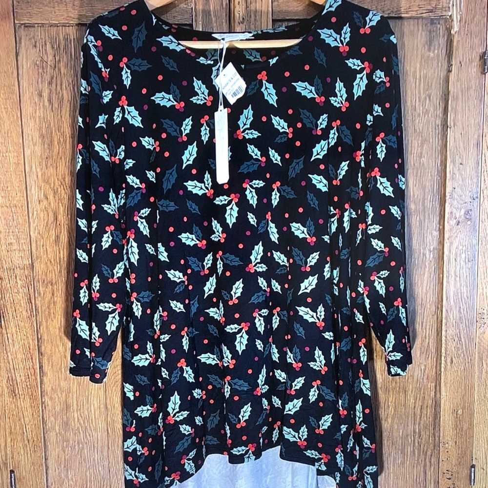 Women's Black Holiday Holly Print Blouse